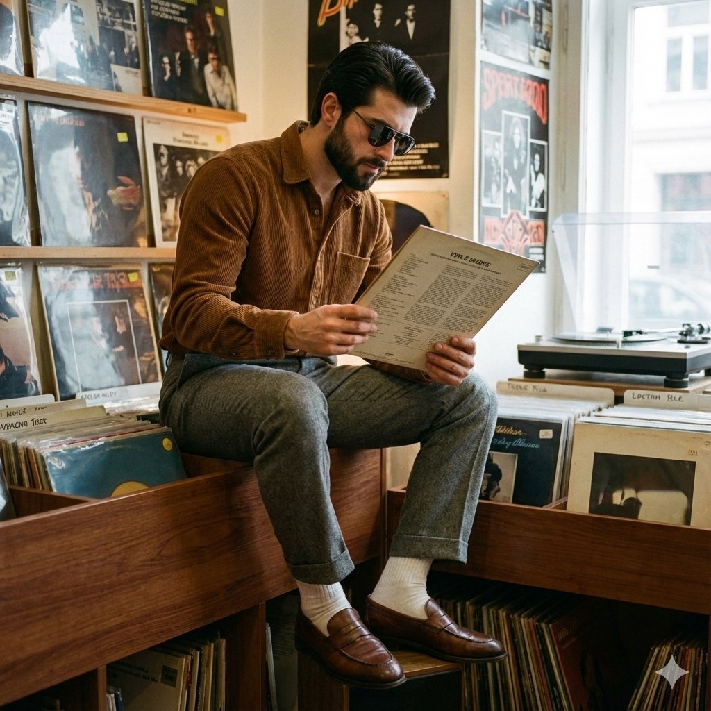 Cinematic Ultra-Realistic Portrait of a Man in a Vintage Record Store