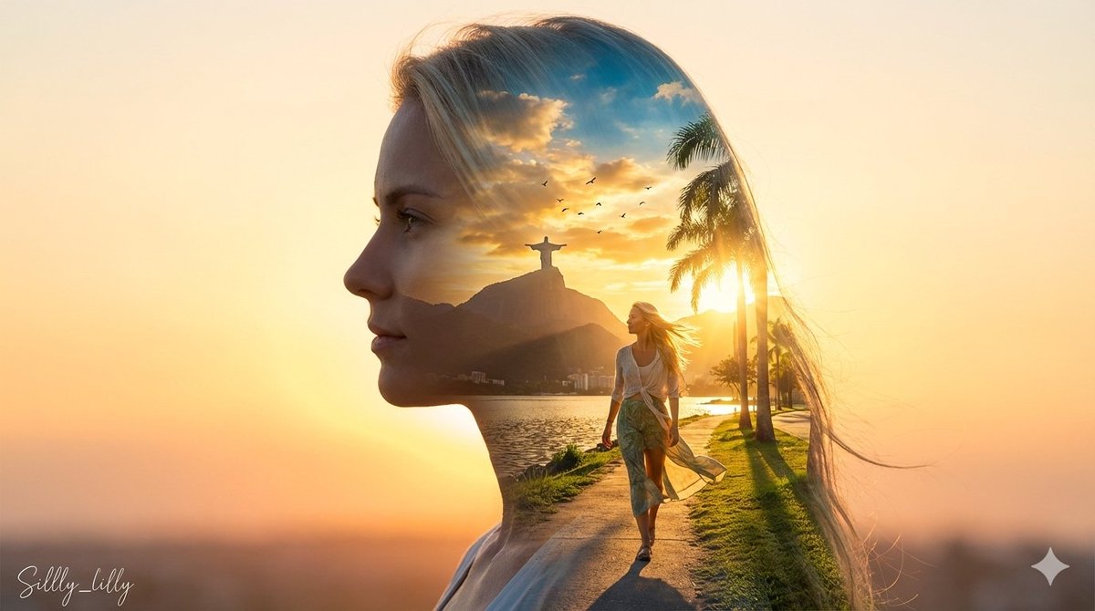Cinematic Double Exposure Portrait of Woman and Christ the Redeemer at Sunset