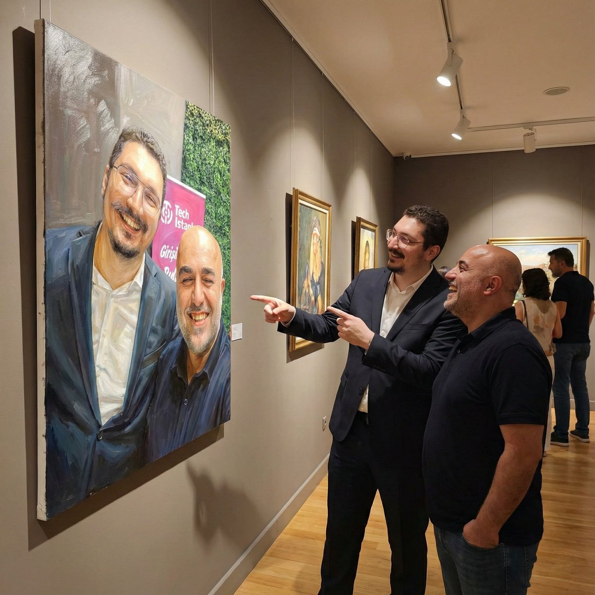 Person Viewing Their Own Oil Painting in an Art Gallery
