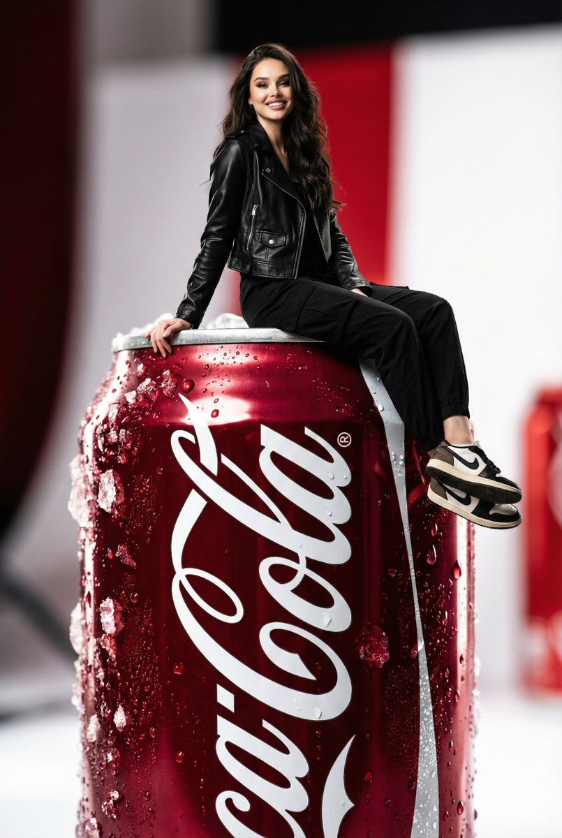 Ultra-Realistic Commercial Ad: Man Sitting on Giant Coca-Cola Can