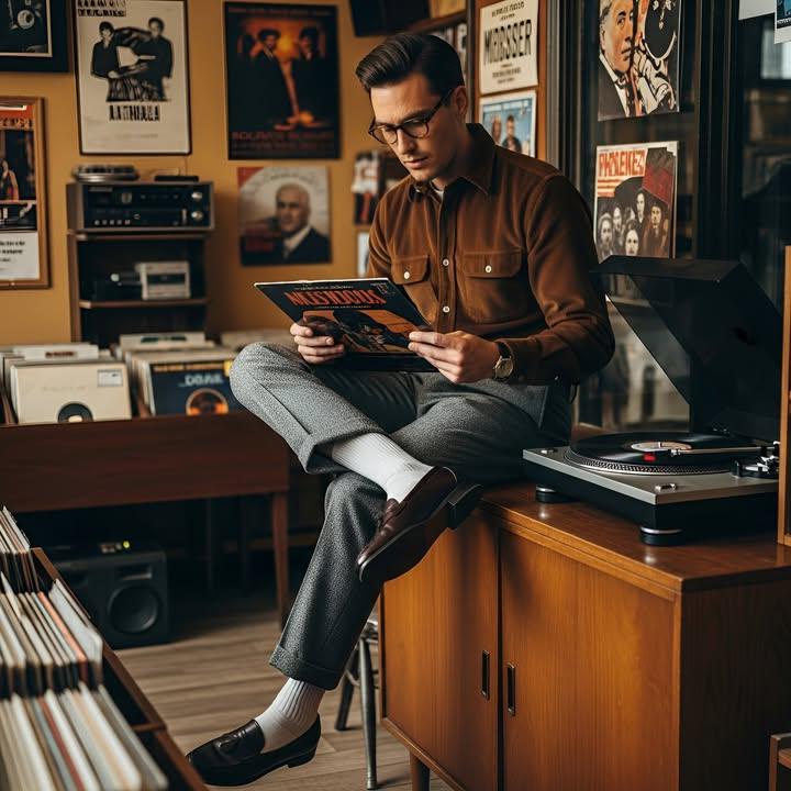 Mid-Century Modern Lifestyle Photography of a Man in a Vintage Record Store
