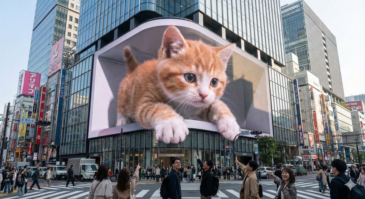 Glasses-Free 3D LED Screen Displaying Giant Kitten in Urban Setting