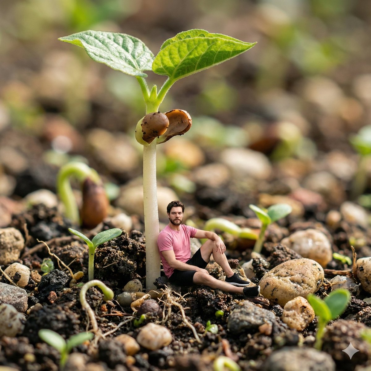 Tiny Man Leaning Against a Giant Bean Sprout (Macro Fantasy)