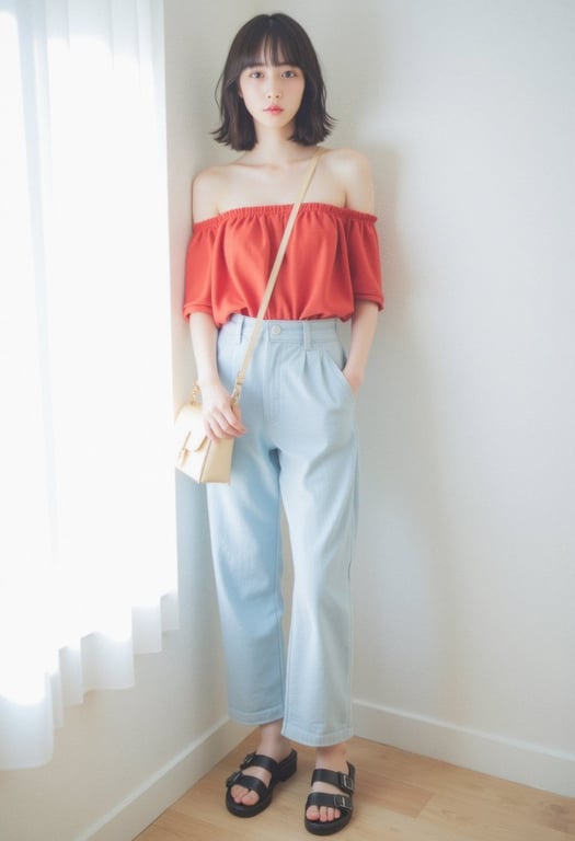 Summer Casual Look: Red Off-Shoulder Top and Light Blue Denim