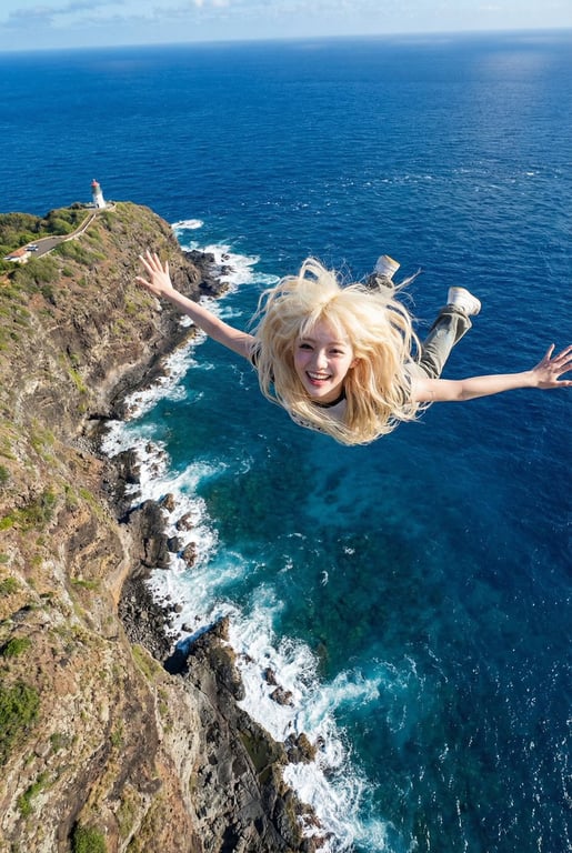 Aerial Photography of Hawaii with Falling Character (Nano Banana Pro)