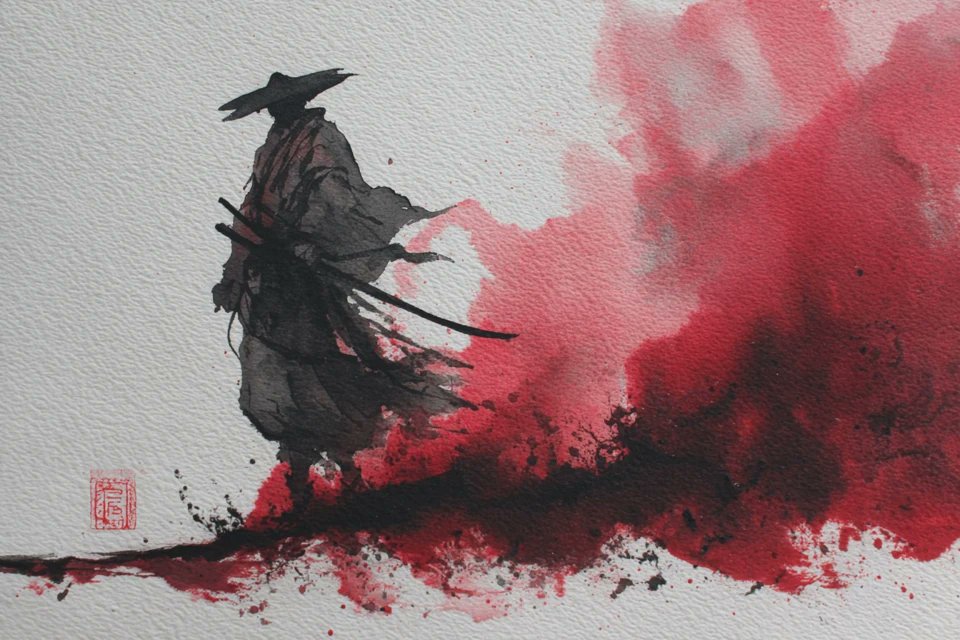 Traditional Japanese Sumi-e Ink Wash Painting Prompt