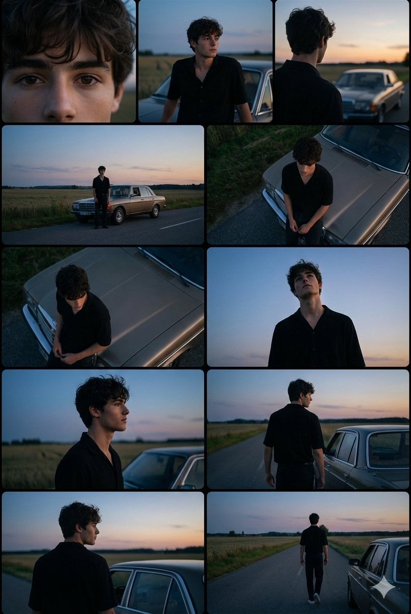 Cinematic Photo Series of a Young Man and Classic Car at Dusk