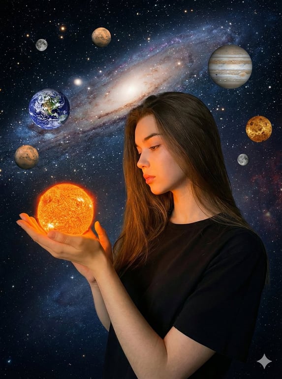 Hyper-Realistic Celestial Portrait: Woman Holding a Miniature Sun