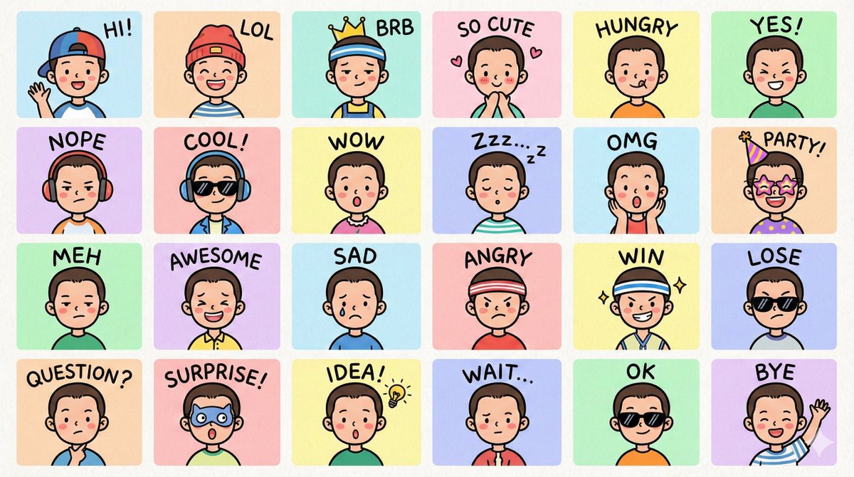 LINE-Style Q-Version Emoji Portraits (4x6 Layout)