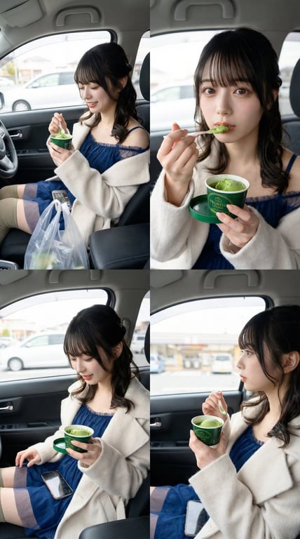 Photorealistic Japanese Woman Eating Matcha Ice Cream in a Car (2x2 Grid)