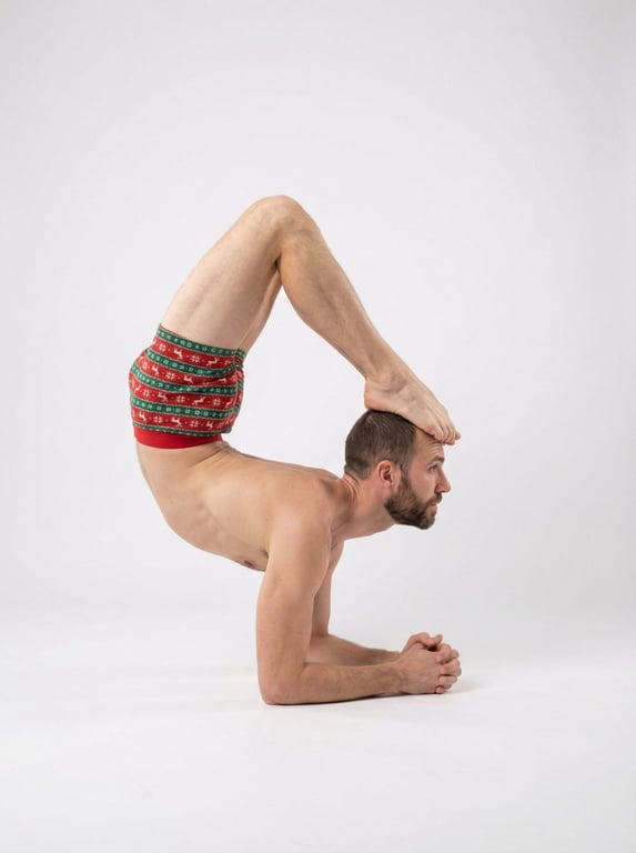Studio Flexibility Editorial: Male Contortionist in Festive Boxers