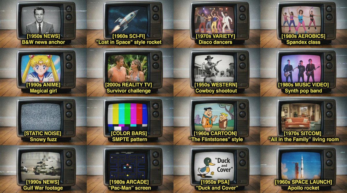 Retro-Futuristic TV Grid Displaying Broadcast History