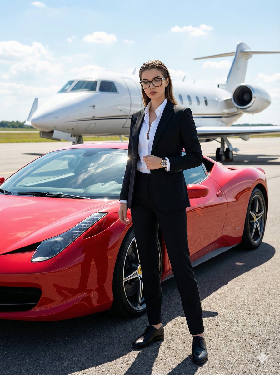 Cinematic Luxury Portrait with Sports Car and Private Jet