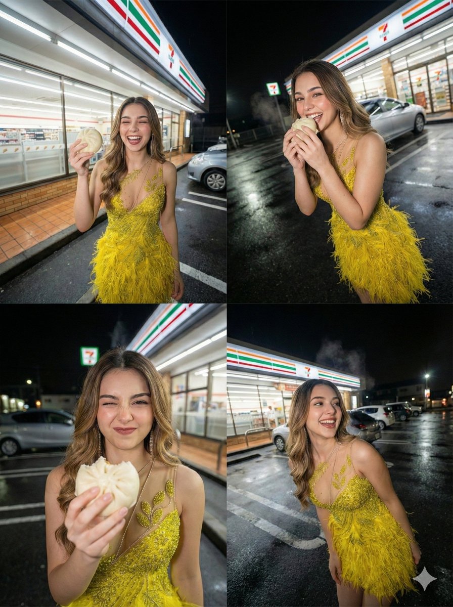 Photorealistic 2x2 Grid of Japanese Woman at 7-Eleven Night Scene