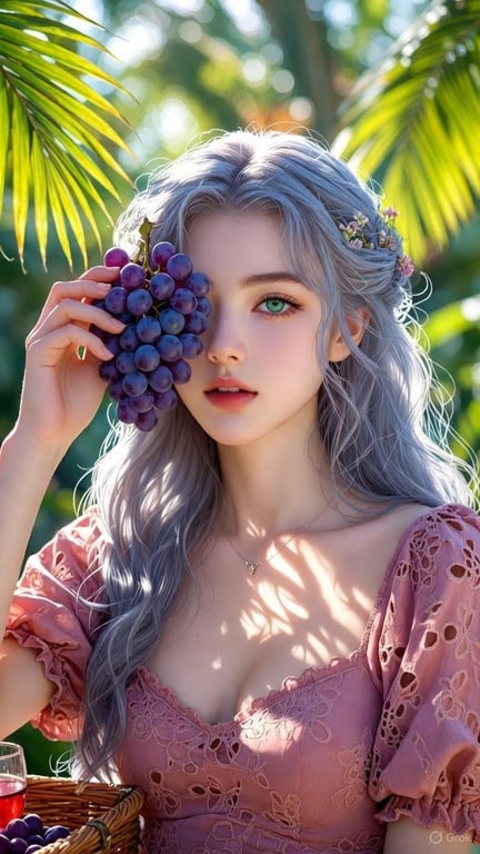 Hyper-Realistic Golden Hour Portrait of Woman with Grapes (Grok AI)