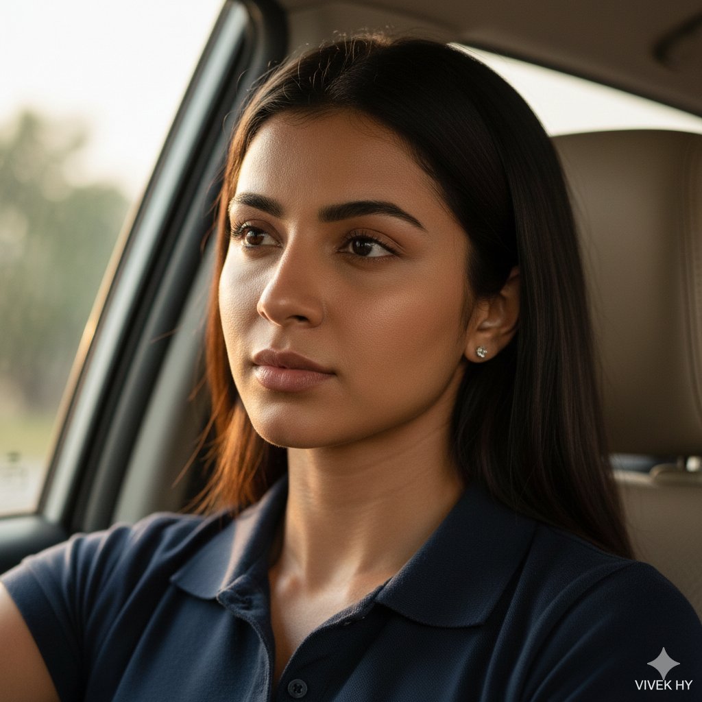 Hyper-Realistic Portrait of a Woman in a Car