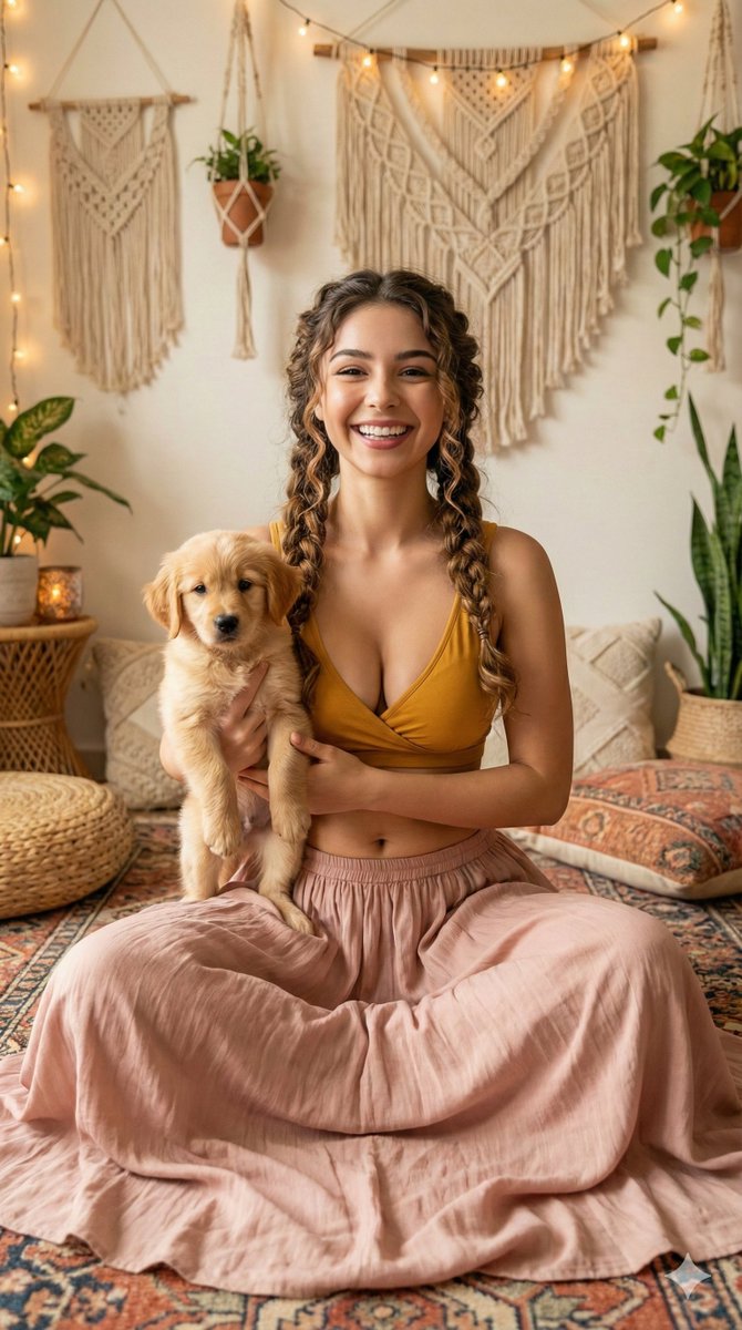 Boho Style Portrait of Woman Holding a Puppy at Golden Hour