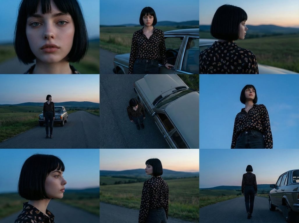 Cinematic 3x3 Grid of Female Subject at Dusk (Nano Banana Pro)