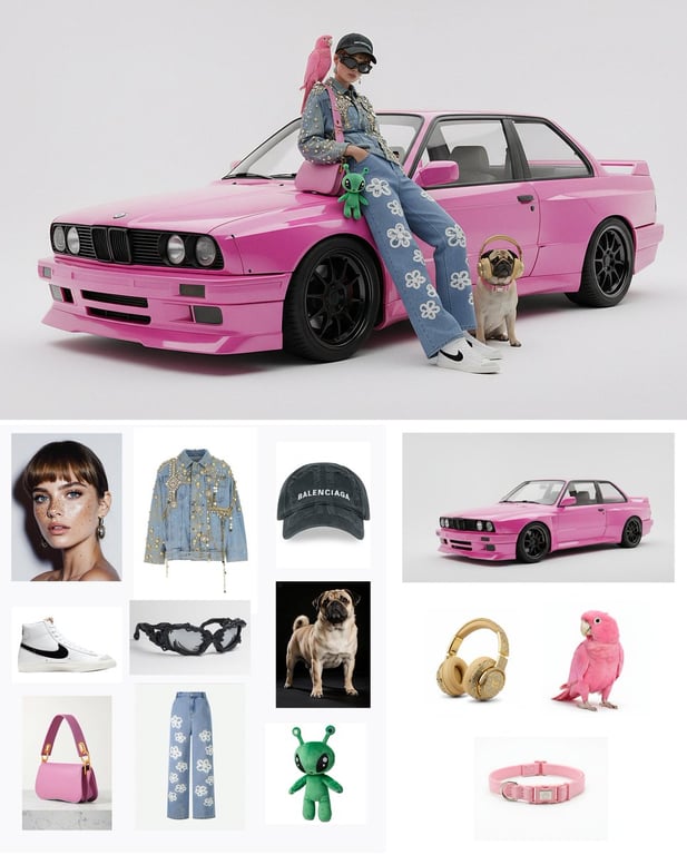 Model Posing with Pink BMW and Multiple Elements (13 Merged Images)