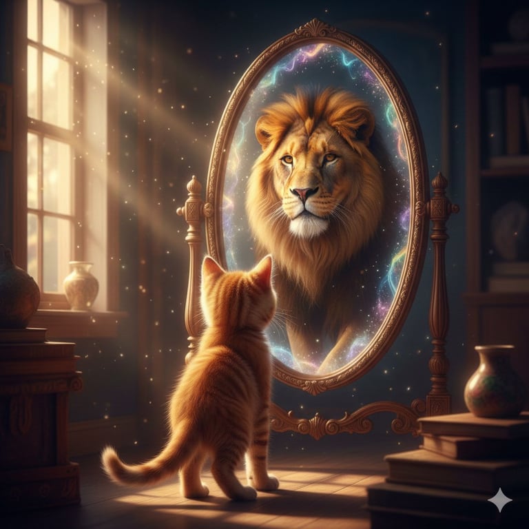 Surreal Magic Mirror Transformation: Cat to Lion