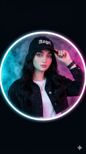 Circular Profile Picture of a Stylish Woman with Neon Lighting