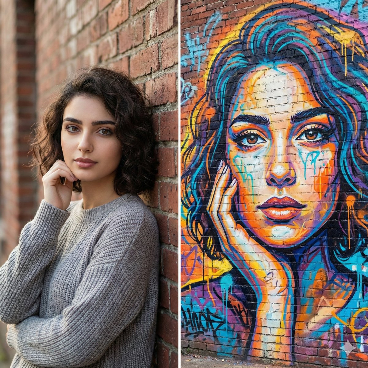 Split-Frame Portrait: Realism vs. Street Art Abstraction