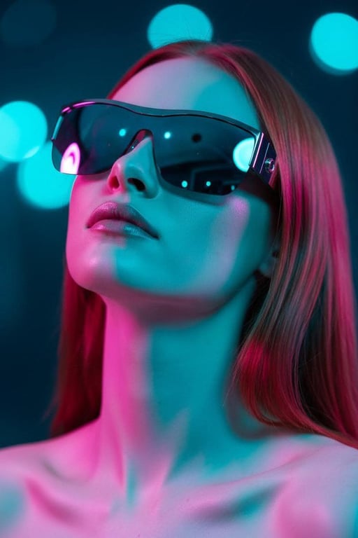 High Cinematic Fashion Portrait with Neon Cyan-Magenta Lighting