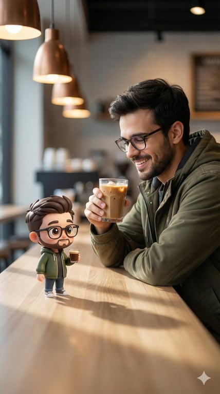 Realistic Man and 3D Chibi Character in a Modern Café