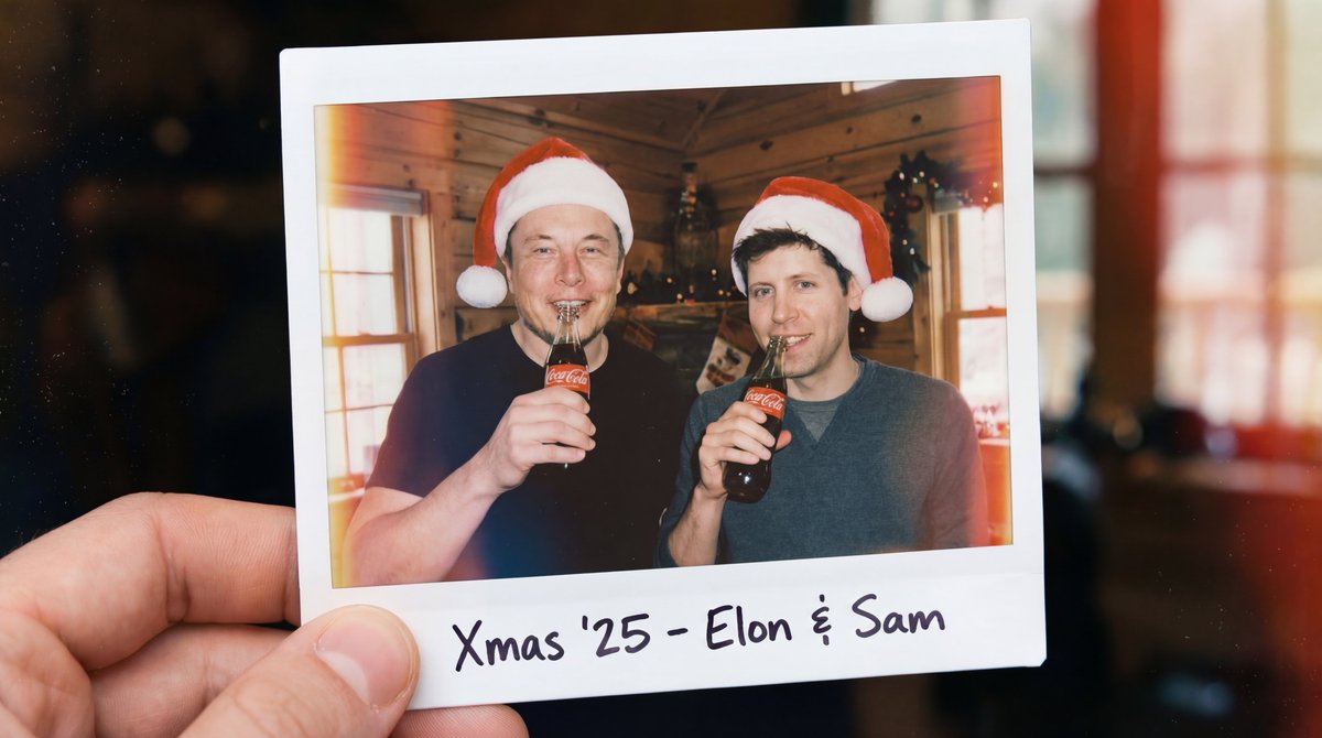 Polarized Selfie of Elon Musk and Sam Altman Drinking Coca-Cola in Christmas Caps