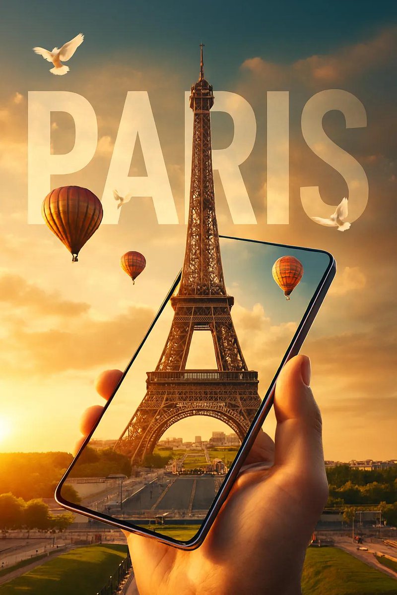 Surreal Travel Artwork: Eiffel Tower 3D Illusion on Smartphone Screen