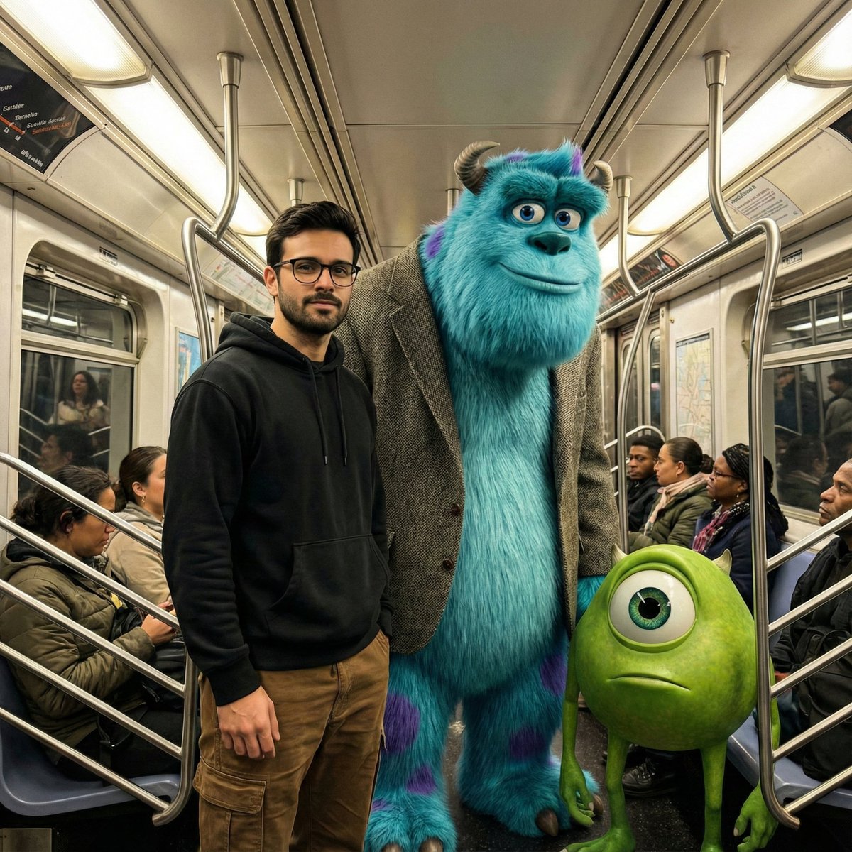 iPhone Photo of Person with Sulley and Mike Wazowski in Subway