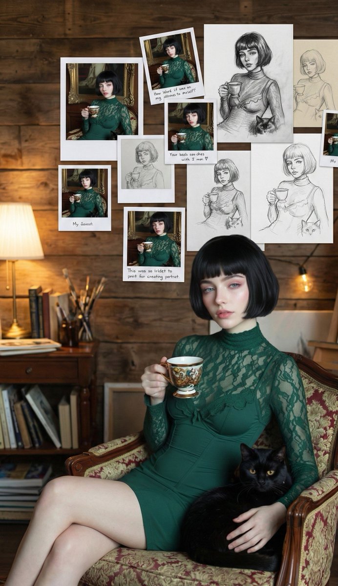 Cinematic Portrait of a Woman with Black Cat in an Art Studio