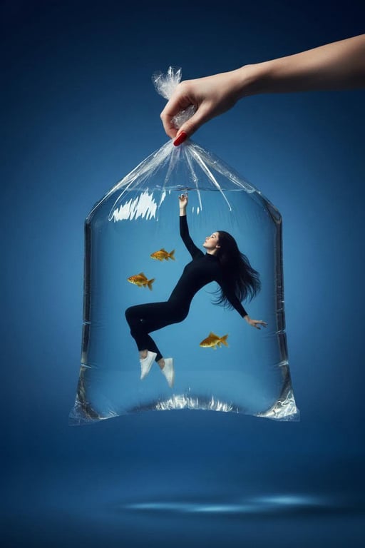 Woman Floating in a Giant Water Bag