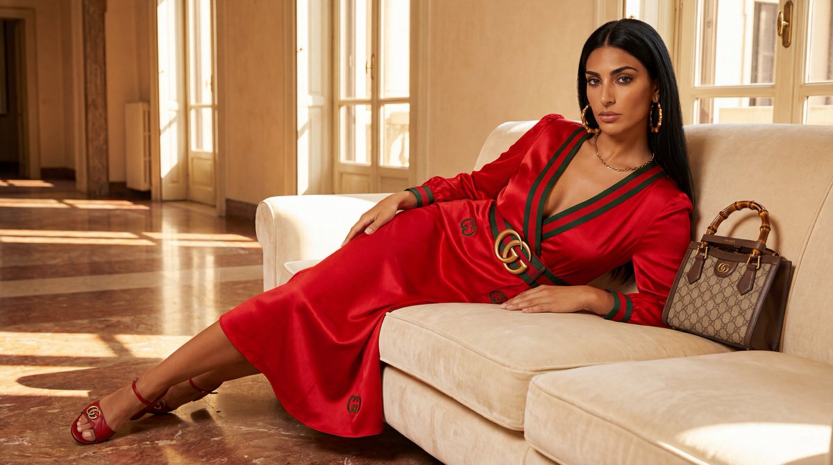 Photorealistic Fashion Editorial: Italian-Greek Woman in Gucci Red Silk Dress