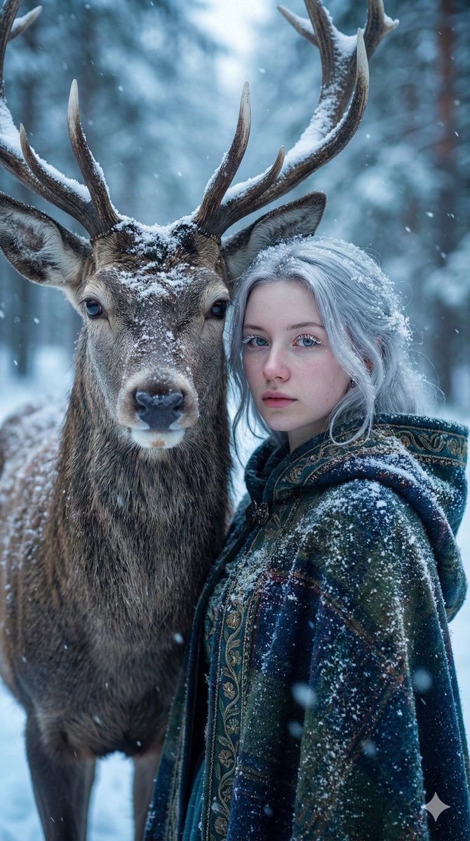 Hyper-Realistic Cinematic Portrait: Woman and Deer in Snowy Forest