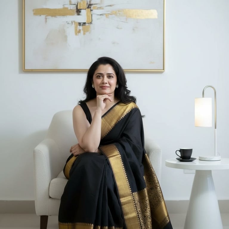 Elegant Woman in Black Suit on White Chair