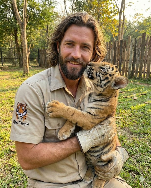 Realistic Zookeeper Portrait with Tiger Cub (Golden Hour)