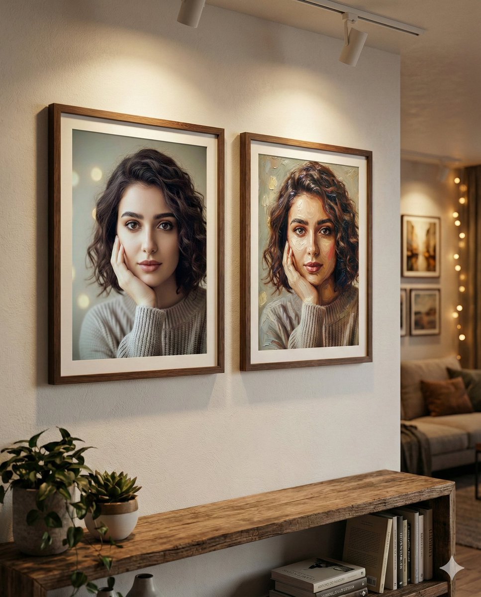 Dual Portrait Display: Photo vs. Oil Painting in Modern Interior
