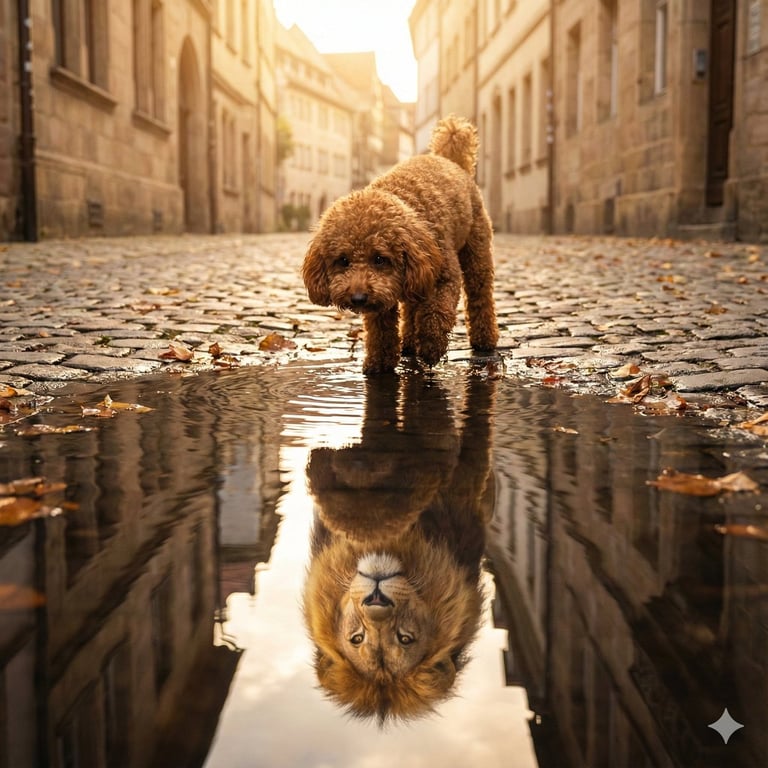 Poodle Sees Lion Reflection in Puddle