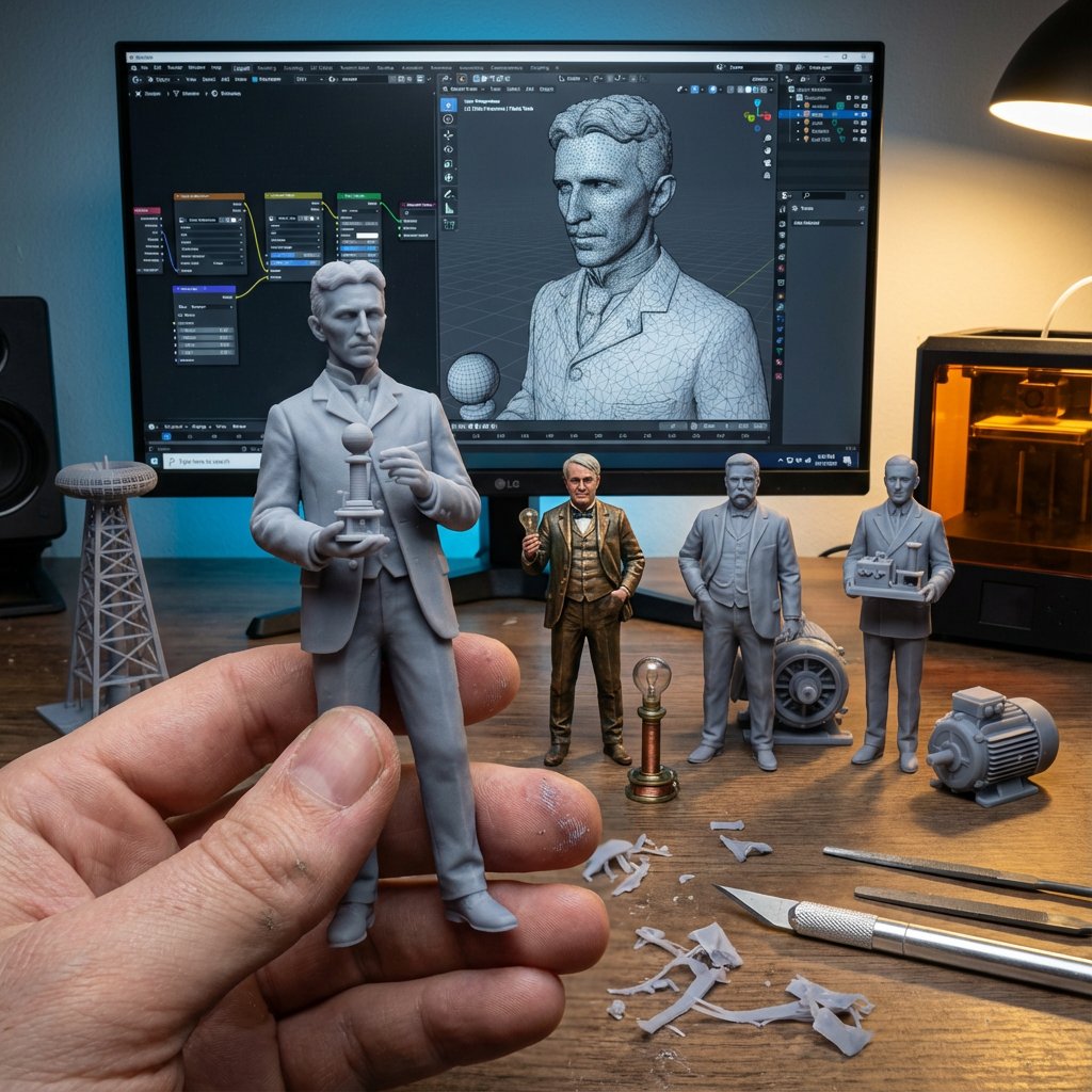 Nikola Tesla 3D Printed Miniature on Creator's Desk