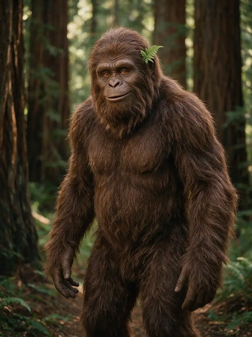 Portrait still of a fictional chocolate-brown Bigfoot standing in redwood shade, with amber-brown eyes and a small green fern behind the left ear. This is a still image, not a video.