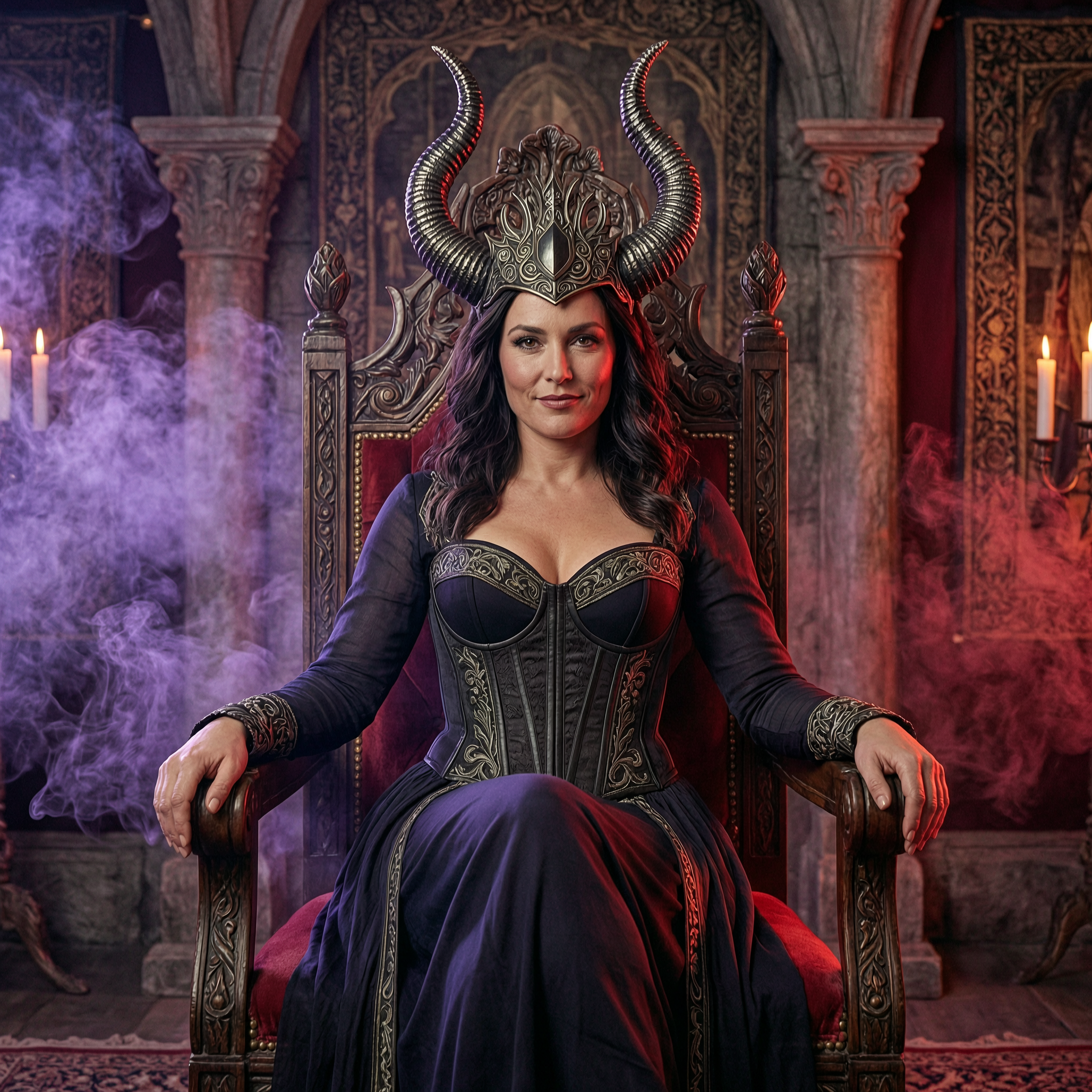 Input still of an adult fantasy woman with a horned headpiece turning her shoulder as violet smoke curls and crimson rim light flickers.