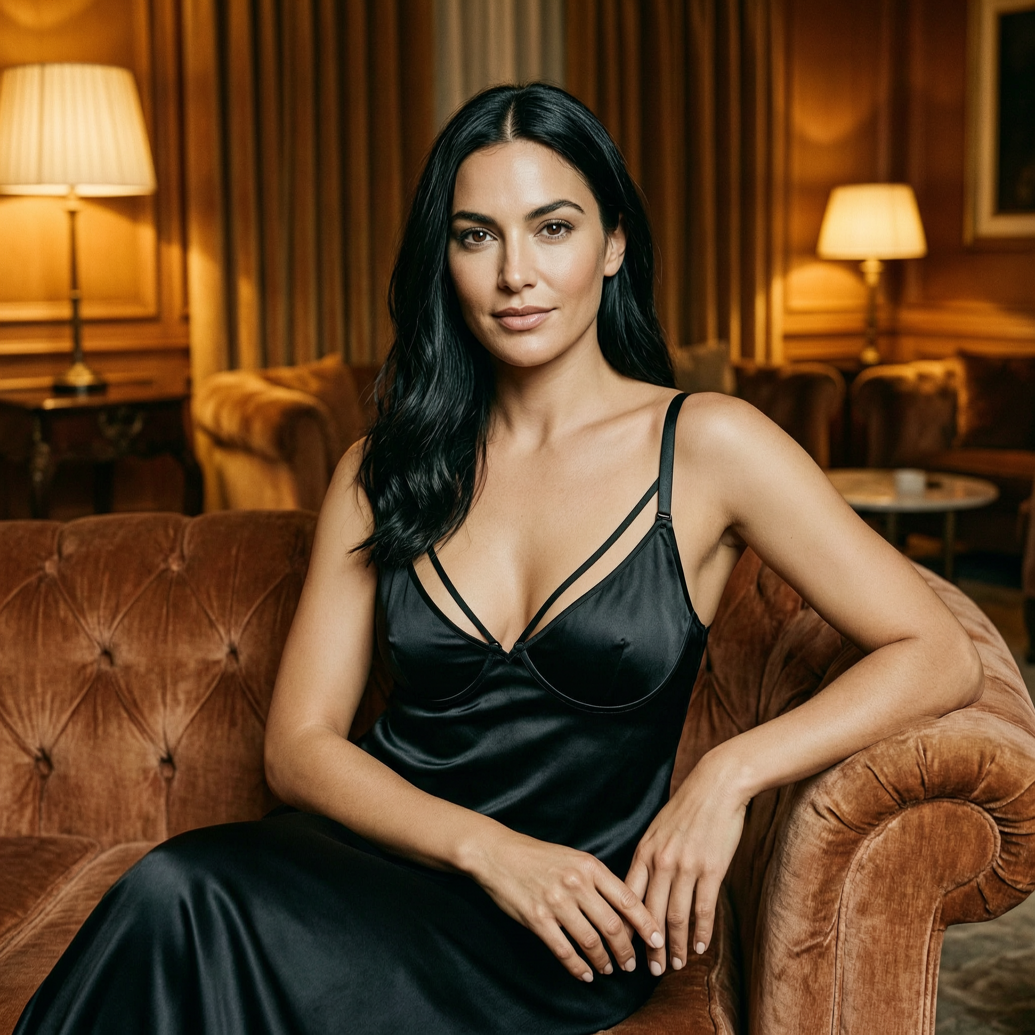 Input still of an adult woman in black satin seated in an amber lounge, blinking and turning her head as the camera pushes in.